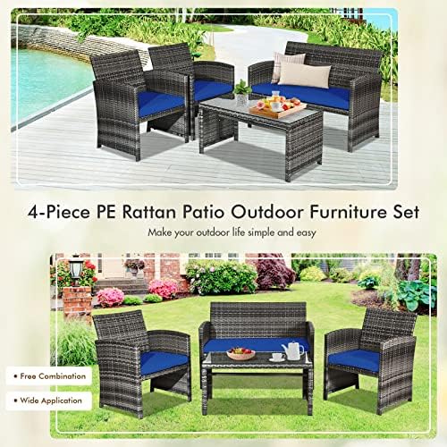Goplus 4-Piece Rattan Patio Furniture Set, Outdoor Wicker Conversation Sofa with Weather Resistant Cushions and Tempered Glass Tabletop for Lawn Backyard Pool Garden (Blue) - Image 5