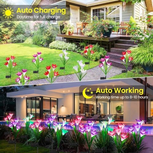 KOOPER Outdoor Solar Lights, 4 Pack Solar Garden Light with Bigger Lily Flowers, Waterproof 7 Color Changing Solar Lights Outdoor - Bigger Panel for Patio Yard Garden Decoration, Gift for Mom - Image 5
