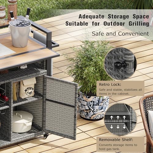 LUMISOL LUMISOLOutdoor Grill Cart with Extended Table Top, Outdoor Wicker Storage Cabinet with Storage Cabinet, 52.8" W Kitchen Island on Wheels for Backyard Garden, Double Handle, Grey - Image 4