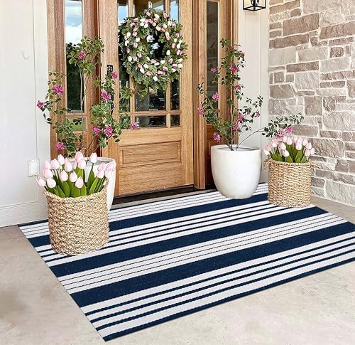 Blue and White Outdoor Rug 3'x 5'Striped Front Porch Rug Layered Door Mat - Image 7