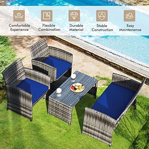 Goplus 4-Piece Rattan Patio Furniture Set, Outdoor Wicker Conversation Sofa with Weather Resistant Cushions and Tempered Glass Tabletop for Lawn Backyard Pool Garden (Blue) - Image 2