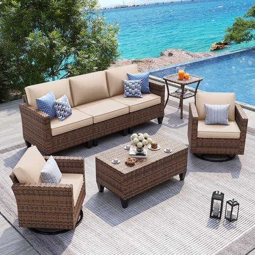 UDPATIO Patio Furniture Set, 5 Pieces Outdoor Conversation Sets with Rocking Swivel Chairs, Wicker Rattan Outdoor Sofa Set with Storage Table and Waterproof Covers for Backyard, Deck, Porch, Khaki by UDPATIO