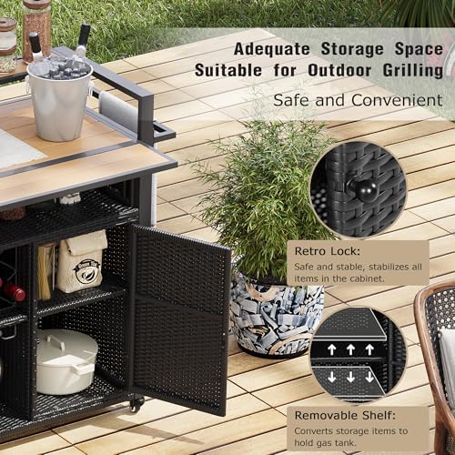 LUMISOL Outdoor Storage Cabinet with Extended Table Top, Outdoor Grill Cart with Storage Cabinet, 52.8" W Kitchen Island on Wheels for Backyard Garden, Double Handle, Black - Image 4