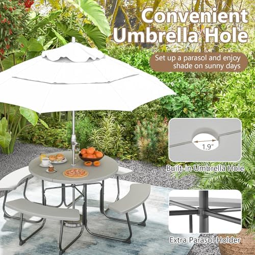 COSTWAY Round Outdoor Picnic Table with Bench Set for 4-8 People (Grey) - Image 6