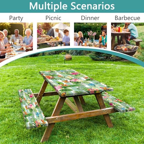 Picnic Table Cover with Bench Covers, Camping Essentials Hawaiian Luau Tropical Palm Leaves Flower Butterfly Waterproof Windproof Fitted Tablecloth Cover with Elastic Edge for Outdoor 3 PCS 30x96 Inch - Image 3