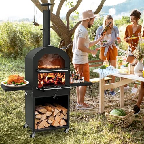 LDAILY Outdoor Pizza Oven, Wood Fired Pizza Maker with Side Shelves, Cooking Grids, Cover, Pizza Stone & Peel, Patio Portable Pizza Stove for Backyard, Camping & Party, Black - Image 2