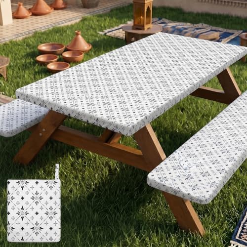 Picnic Table Cover with Bench Covers Portable Table Cloth Built-in Storage Pocket Picnic Table Covers With Elastic Waterproof Camping Essentials for RV Camping by pickyNproud