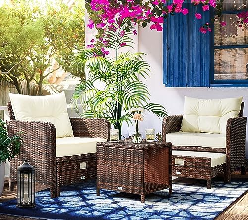 Pamapic 5 Pieces Patio Furniture Set, Rattan Balcony Furniture with Ottomans, PE Wicker Outdoor Patio Chairs Set with Coffee Table for Poolside, Porch, Lawn, Garden, Balcony(Beige) - Image 2