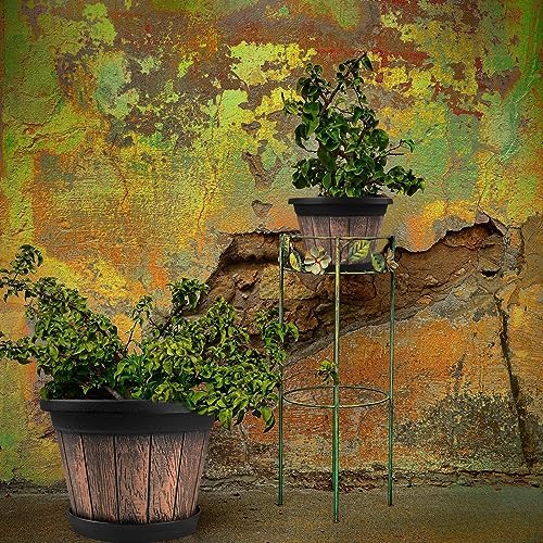 Quarut Large Plastic Plant Pots Set of 4 Pack13 inch,Whiskey Barrel Planters with Drainage Holes & Saucer.Flower Pots Imitation Wine Barrel Design for Indoor & Outdoor Garden Balcony Plants (Brown) - Image 6