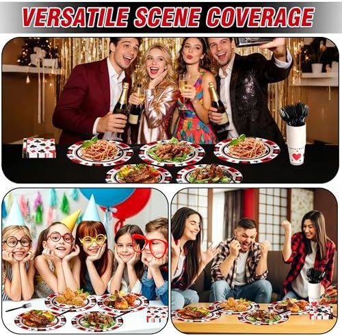 144 Pcs Casino Tableware Set for 24 Guests, Heavy-Duty 7" & 9" Paper Plates, Cups, 2-Ply 13" Napkins & Plastic Forks, Disposable Party Supplies for Casino Vegas Game Night and Poker Party - Image 6