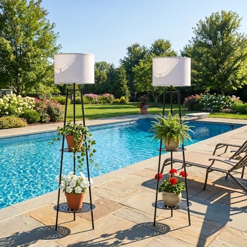 Solar Outdoor Floor Lamp with Plant Shelves, Waterproof Solar Standing Lamp for Patio Porch Garden Yard, Auto On/Off Warm LED Floor Light with 2-Tier Plant Stand, Cordless Outdoor Decor Lighting - Image 7