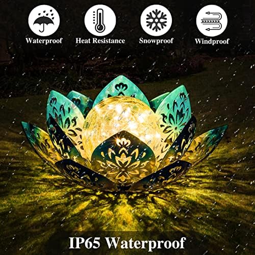 Huaxu Solar Lights Outdoor Decorative - Bright Blue Lotus Flower Table Lamp, Glass Globe 30 LED Waterproof Metal Decorations Gifts for Mom Women Garden Patio Pathway Yard Balcony Outside Decor - Image 3