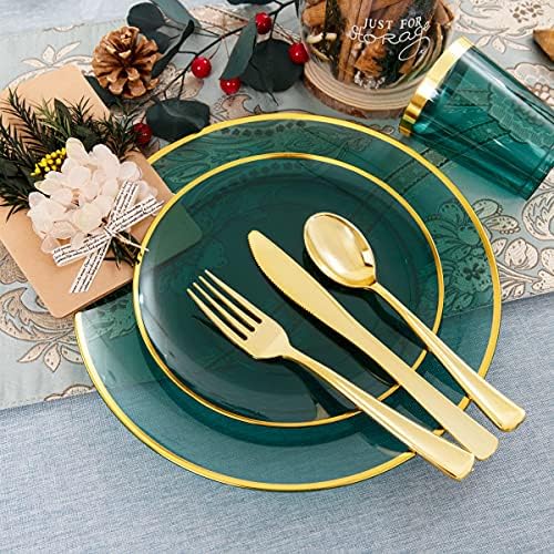 LIYH 180 Pcs Clear and Green Gold Plastic Christmas Plates - Emerald Green Disposable Plastic Dinnerware Sets, Include Dishes, Tableware, Cups for Party & Christmas & Wedding 30 Guests - Image 2