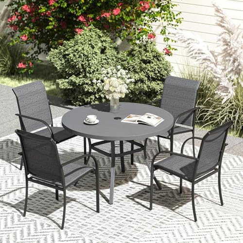 VICLLAX 5 Pieces Patio Dining Set, Outdoor Furniture Set Includes 41.2" Round Patio Table and 4 Patio Sling Chairs, Grey Tabletop and Dark Grey Fabric by HOME