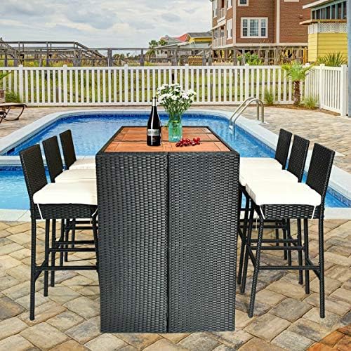 Tangkula 7 PCS Outdoor Wicker Furniture with Acacia Wood Bar Table Top and Removable Cushion, Conversation Set for Dining, Patios, Backyards, Porches, Gardens and Poolside (Black) - Image 3