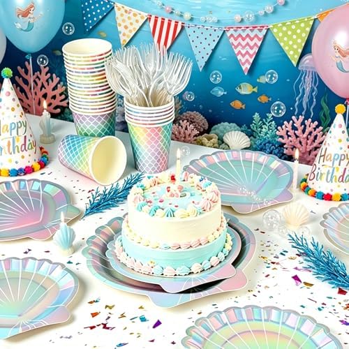 120Pcs Mermaid Paper Plates and Napkins Party Supplies,Serve 24 - Image 2
