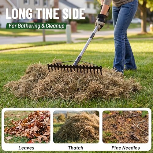 Walensee Heavy Duty Dual-Sided Bow Rake, 63" Stainless Steel Handle, Heat-Treated Manganese Steel Head, 17 Steel Tines Metal Garden Rake for Soil Loosening, Yard Leveling, Lawn Care and Thatch Removal - Image 3