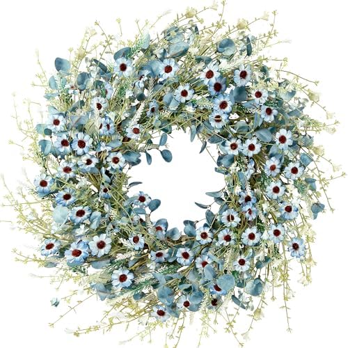Sggvecsy Blue Daisy Wreath 24 Inch Spring Summer Fake Silk Floral Wreath with Green Eucalyptus Leaves and Lavender for Front Door Window Wall Wedding Farmhouse Festival Decor by Sggvecsy