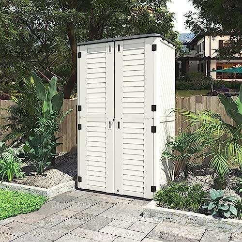 HOMSPARK Storage Shed Weather Resistance, Multi-Purpose Outdoor Storage Cabinet Waterproof, Outdoor Storage Cabinet for Garbage Cans, Lawnmower, Garden Accessories (White, Tall shed-53 cu ft) - Image 2