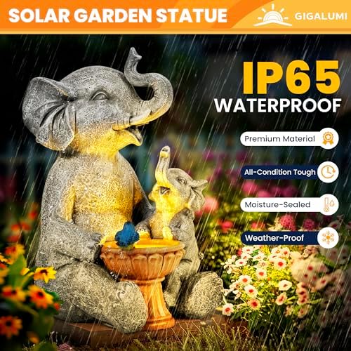 GIGALUMI Solar Garden Statues Bird Bath Elephant 9", Loving Elephant Decor, Yard Decorations Outdoor, Elephant Figurine Lights for Outside, Garden Decor Unique Housewarming Gifts for Women, Mom - Image 3