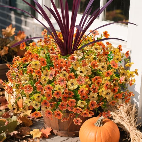 Fall Flowers Artificial Mums for Outdoors Autumn Decor, 12 Bundles Fake Fall Mums with 1 pcs Burgundy Orchid Leaf UV Resistant Realistic Faux Plants for Outside Home Porch Patio Planter, Orange Yellow - Image 6
