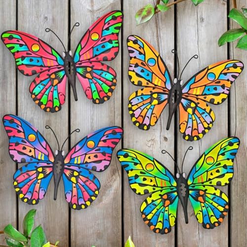 4 Pack Outdoor Butterfly Wall Decor - 9.6 inches Metal Butterfly Wall Art Decorartion for Yard Fence Garden Patio Balcony by Daogtc