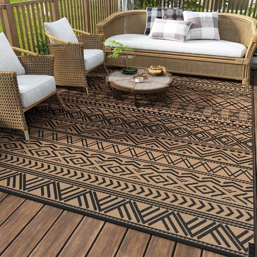 MontVoo Outdoor Rug Carpet Waterproof 9x12 Outdoor Patio Rug Mat Reverisble Plastic Straw Outdoor Rug for RV Camping Picnic Beach Balcony Boho Black Brown Large by MontVoo