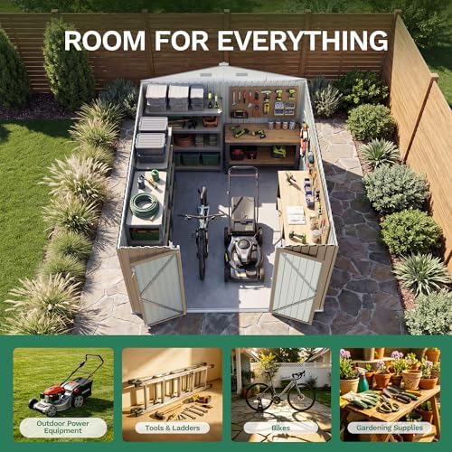 JUMMICO 10x12 FT Outdoor Storage Shed, Heavy Duty Metal Shed with Lockable Door&Slooping Roof, Tool Shed for Garden Backyard Patio(Brown) - Image 3