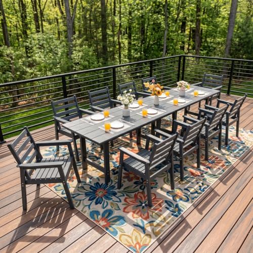 12-Piece Outdoor Dining Set, All-Weather HDPE Patio Furniture, Two 66.5" Slatted Table with 1.6" Umbrella Hole & 10 Ergonomic Armchairs, Heavy Duty 350lbs Capacity, UV Resistant, Gray - Image 2