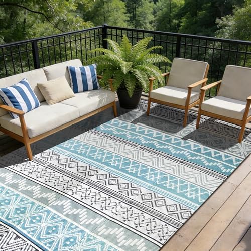 Outdoor Rug 9 x12 ft, Plastic Rug for Patio, Blue & Grey - Image 5