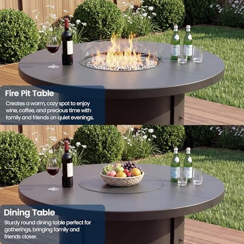 7 Pieces Outdoor Patio Furniture Set with 48" 55000 BTU Round Propane Fire Pit Table,Patio Dining Set Outdoor Conversation Sets 6 Swivel Chairs for Deck,Backyard and Garden,Grey - Image 7