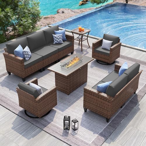UDPATIO Patio Furniture Set with Fire Pit Table, Rocking Swivel Chairs, 6 Pieces Outdoor Conversation Sets, All-Weather Wicker Outdoor Sectional Sofa with Waterproof Cover, 4'' Thickened Cushion, Grey by UDPATIO