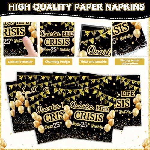 96PCS 25th Birthday Party Paper Plates and Napkins Set for Happy Quarter Life Crisis Cake Dessert Plates Disposable Supplies Black Gold 25 Year Old Theme Tableware Set for Men Women Party Decorations - Image 4