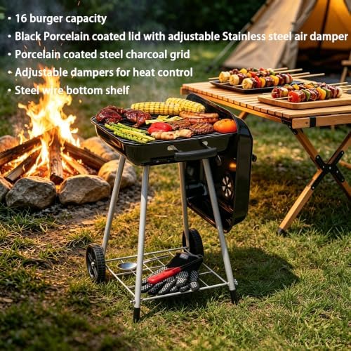 17.5 Inch Portable Charcoal Grill with Removable Ash Catcher, Durable Wheels, and Side Dampers for Effortless Cleanup - Image 7