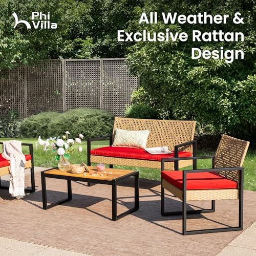 PHI VILLA 4 Piece Yellow Wicker Patio Furniture Set with Red Cushion - Image 3