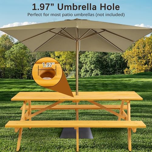 75'' Rectangular Outdoor Dining Table Wooden Patio Dining Table & 2 Built-in Bench for 8, 2" Umbrella Hole, Suitable for Backyard Garden Porch, Natural - Image 3