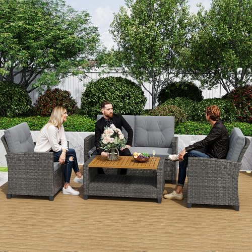 Wisteria Lane 4 Piece Patio Furniture Set, Wicker Outdoor Patio Conversation Furniture Set, All Weather Outdoor Patio Sofa with Cushion and Wood Table, Gray Wood - Image 2