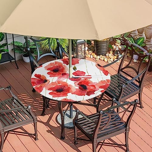 Fitted Round Tablecloth with Umbrella Hole and Zipper Red Flowers Outdoor Elastic Table Cloth 45"-56" Oil-Proof Waterproof Floral Patio Table Cover for Picnic Party - Image 7