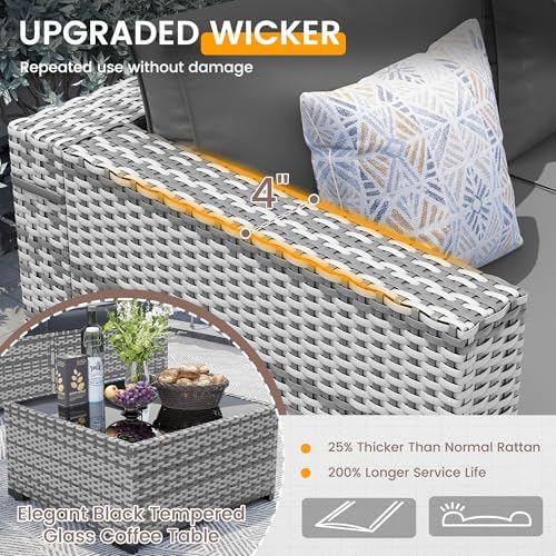 UDPATIO Outdoor Patio Furniture Set 7 Pcs Wicker Sectional Sofa Grey - Image 5