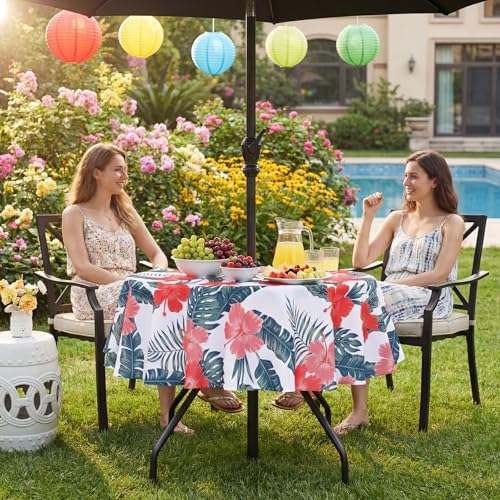 SquarePie Round Outdoor Talecloth with Umbrella Hole and Zipper 60 Inch, Water Resistant SpillProof Patio Table Cloth Cover for Spring Summer Camping Garden Poolside Picnic BBQS,Palm Leaf Red Flower - Image 6