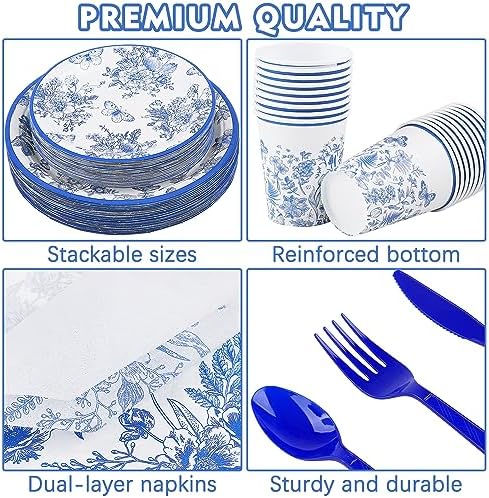 durony 350 Pieces Blue & White Floral Party Supplies 7 Inch 9 Inch Disposable Elegant Flower Paper Plates Napkins Cups Tableware Set for Wedding Baby Shower Birthday Party Chinoiserie Decor, Serve 50 - Image 3