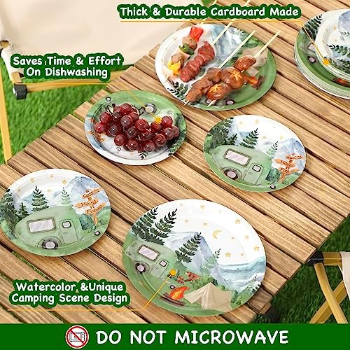 Nefelibata 50 pcs One Happy Camper Disposable Paper Plates with Sage Green Camp Van Camping Birthday Favors Bachelorette Happy Camper for Boys Girls Outdoor Party Table Food Tray - Image 4