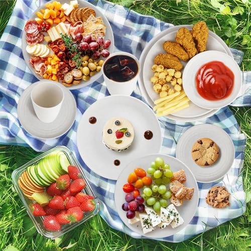 Wrova Wheat straw bowl and plate sets of 40 with cups for kids - Unbreakable plastic dinnerware sets service for 8 - Microwave and Dishwasher safe dish sets for kitchen and camping. White - Image 6