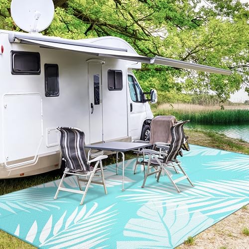 GENIMO Outdoor Rug, Waterproof Plastic Rugs 10'x14' for Camping Navy White - Image 4