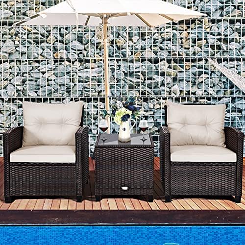 Tangkula 3 Pieces Patio Furniture Set, PE Rattan Wicker 3 Pcs Outdoor Sofa Set w/Washable Cushion and Tempered Glass Tabletop, Conversation Furniture for Garden Poolside Balcony (White) - Image 2