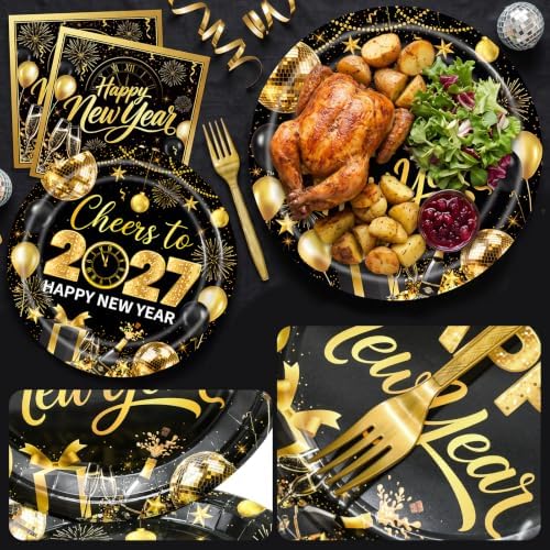 96 Pieces New Year’s Eve Plates and Napkins Set – Black and Gold 2027 Disposable 9 Inch and 7 Inch Party Plates with Gold Forks for New Year Countdown Celebration – Serves 24 Guests - Image 4