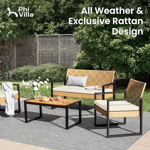 PHI VILLA 4 Piece Yellow Wicker Patio Furniture Set with Beige Cushion - Image 3