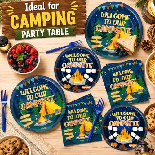 96PCS Camp Tableware Decoration Welcome to Our Campsite Party Plates Napkins Supplies Disposable Camping Favor Dessert Paper Plates Camping Adventure Campfire Party Picnics BBQ Gatherings Decoration - Image 5