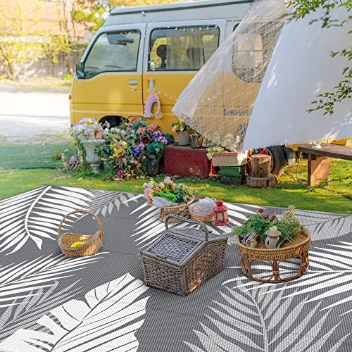 GENIMO Outdoor Rug, Waterproof Plastic Rugs 10'x14' for Camping Grey White - Image 3