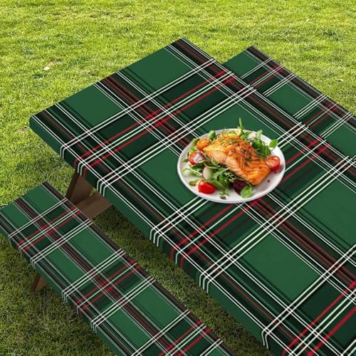 CAPSCEOLL Picnic Table Cover with Bench Covers 8ft - Green Buffalo Plaid - Image 6